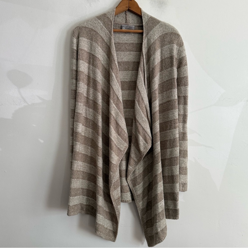 Barefoot Dreams Bamboo Chic Lite Striped Open Front Cardigan Beige Tan S/M